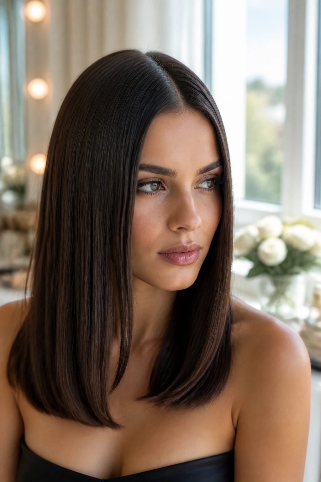 Close-up of a real woman with a glossy straight center part
