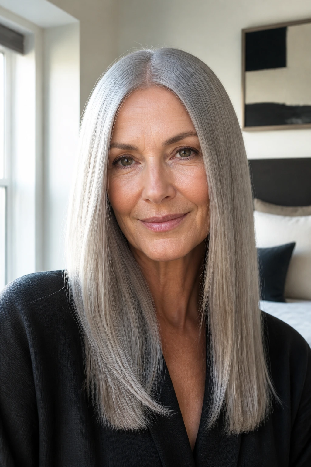 Close-up of a real woman with glossy straight hair and center part