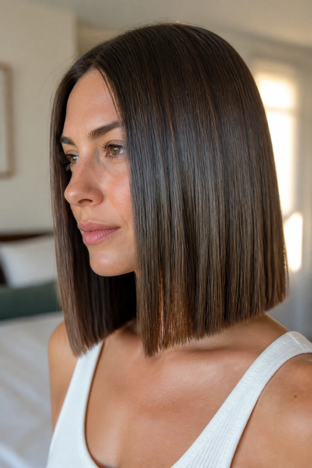 Close-up of a real woman with a glassy straight lob and a crisp blunt edge