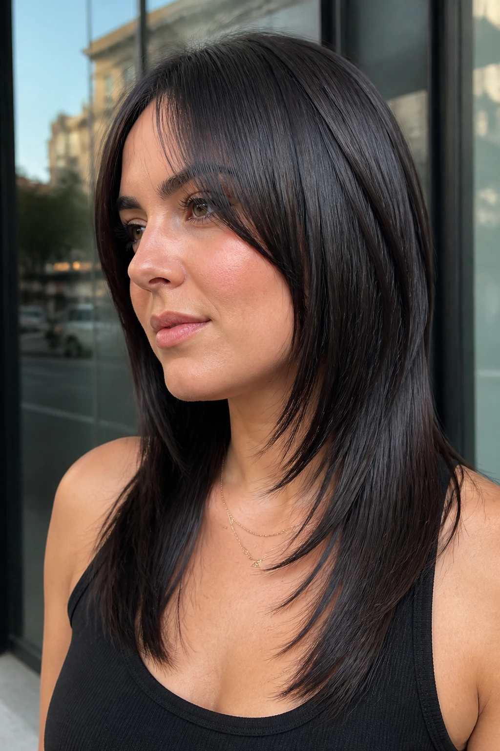 Close-up portrait of a real woman with a glossy straight mullet and tapered layers.