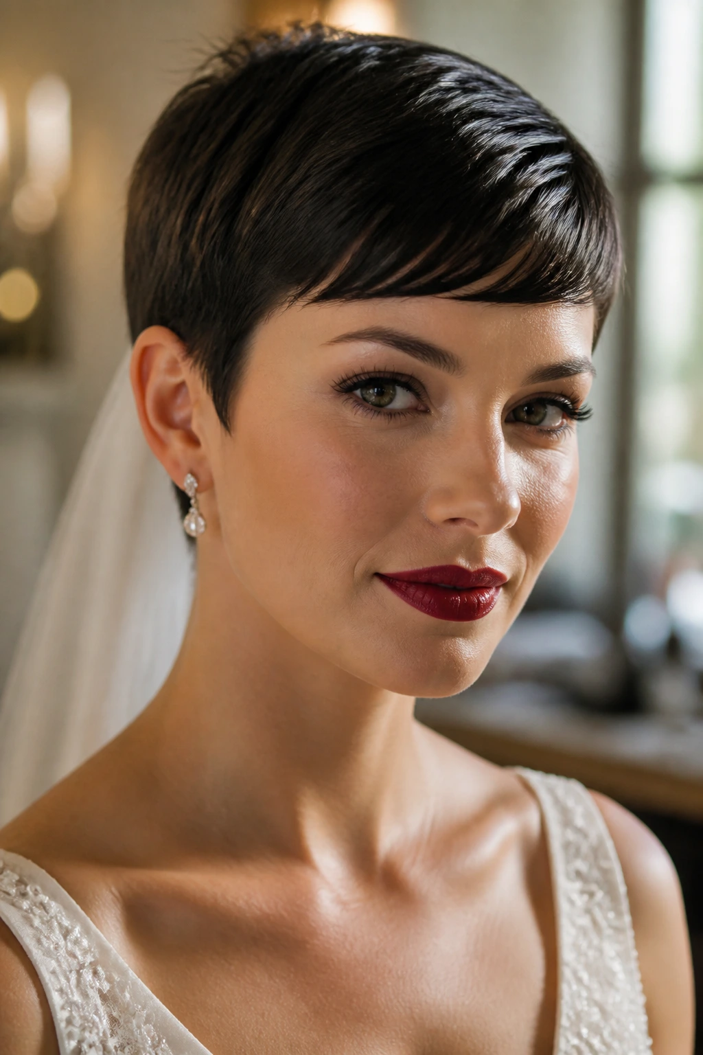 Close-up of a real bride with glossy taper pixie and bold lip