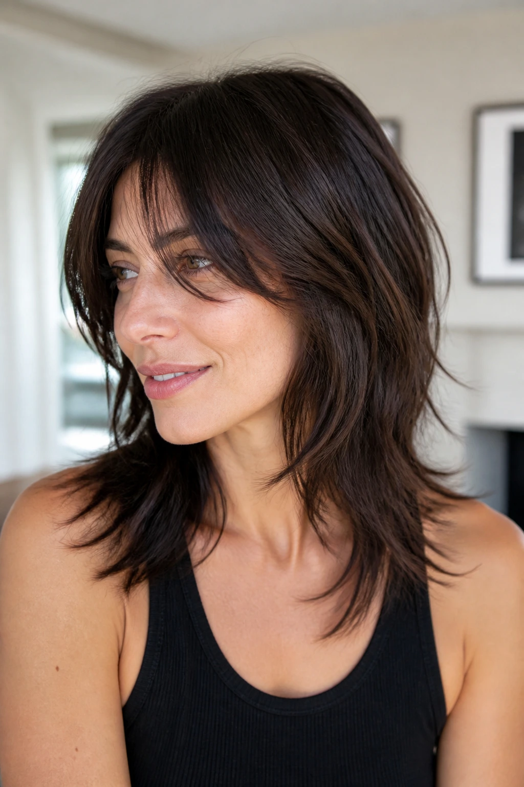 Close-up portrait of a real person with glossy undone shag
