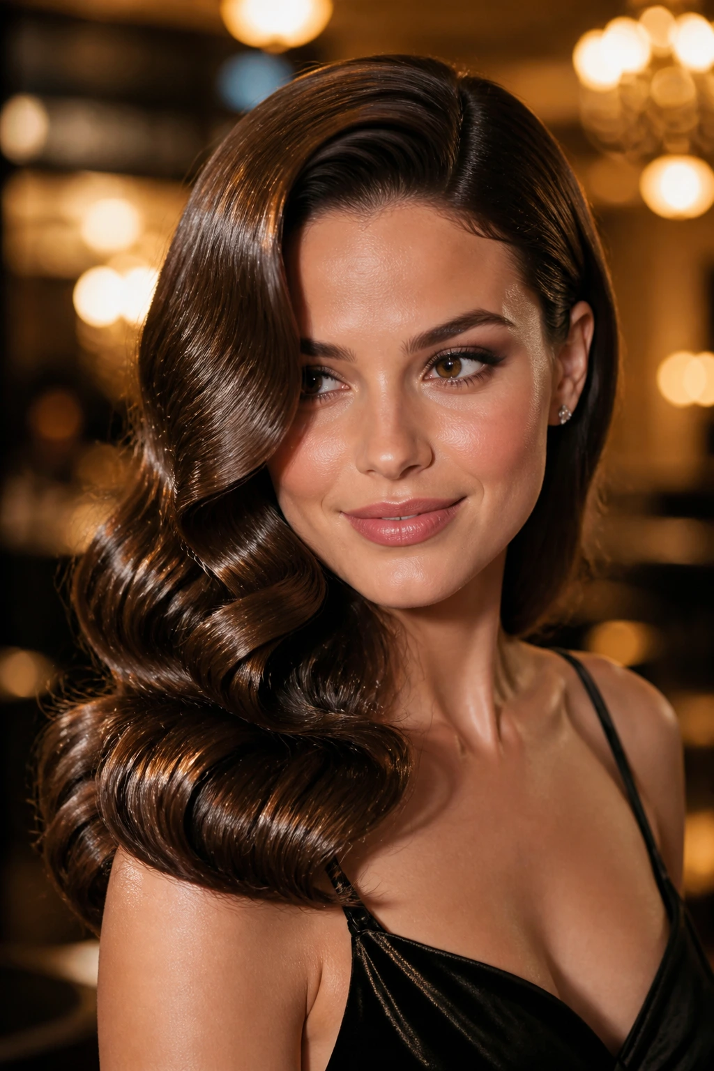 Close-up of a real woman with glossy Hollywood waves under ambient lighting