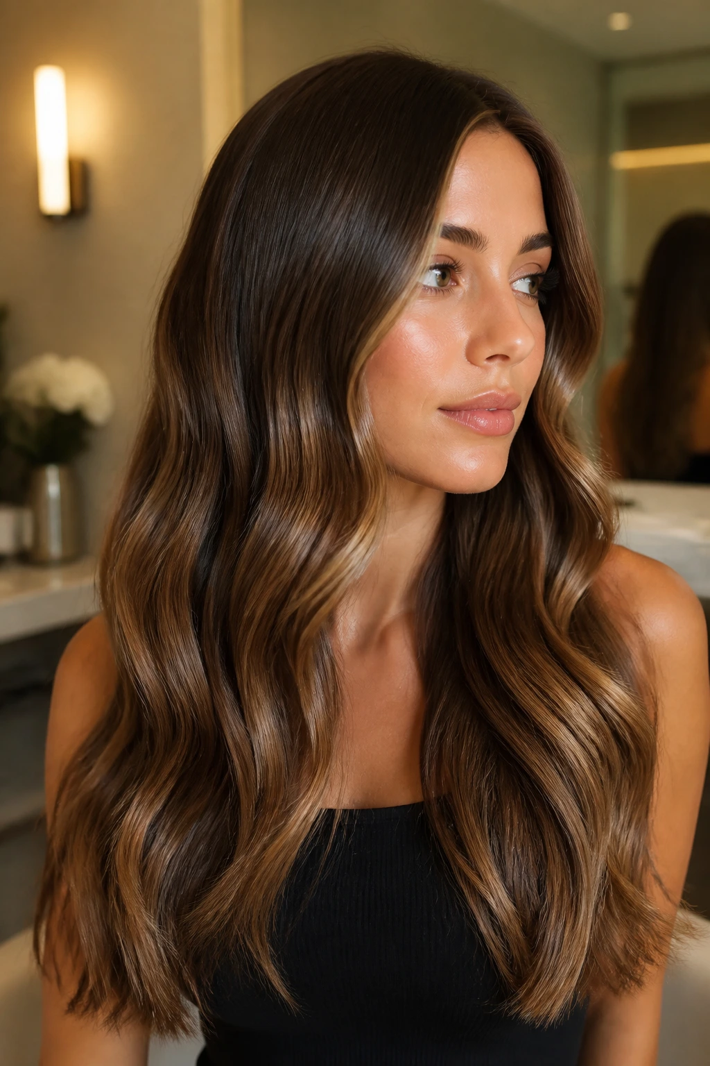 Real woman with glossy, expensive-looking waves and polished finish