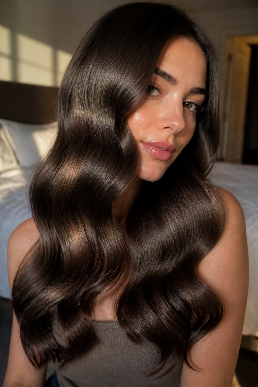 Close-up of real woman with glossy barrel waves in sunlit bedroom