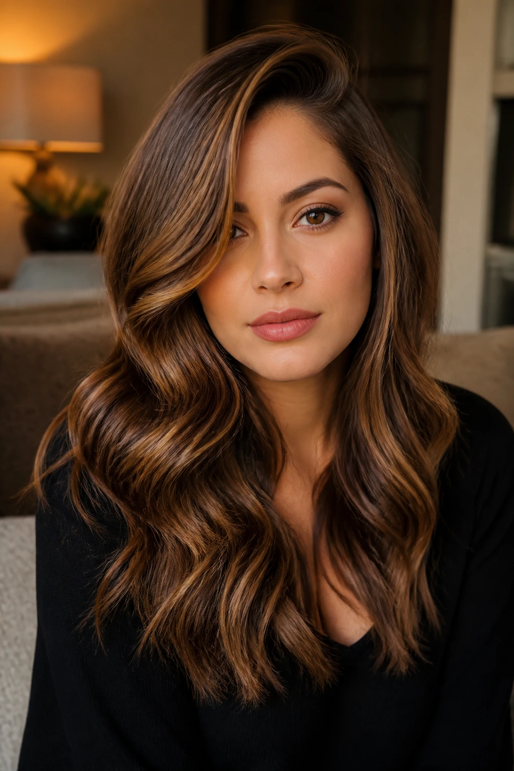 Portrait of a person with glossy, sharp waves and a deep side part