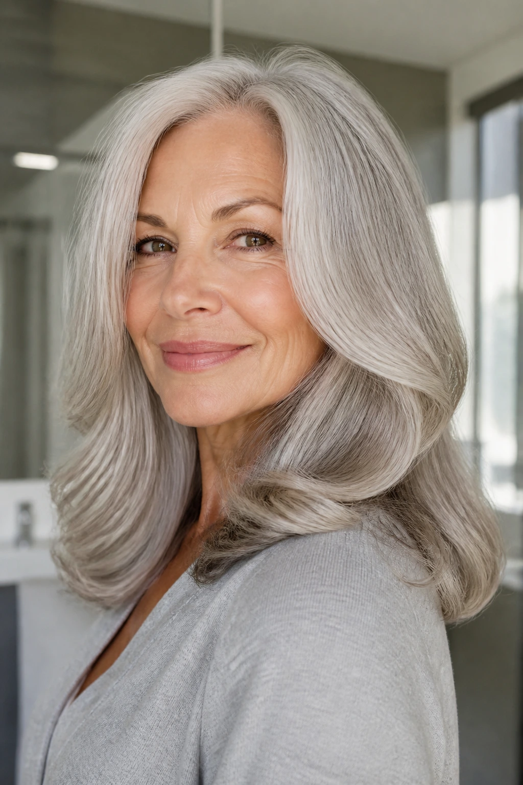 Close-up portrait of a real woman with a smooth glossy wavy blowout in a bright bathroom