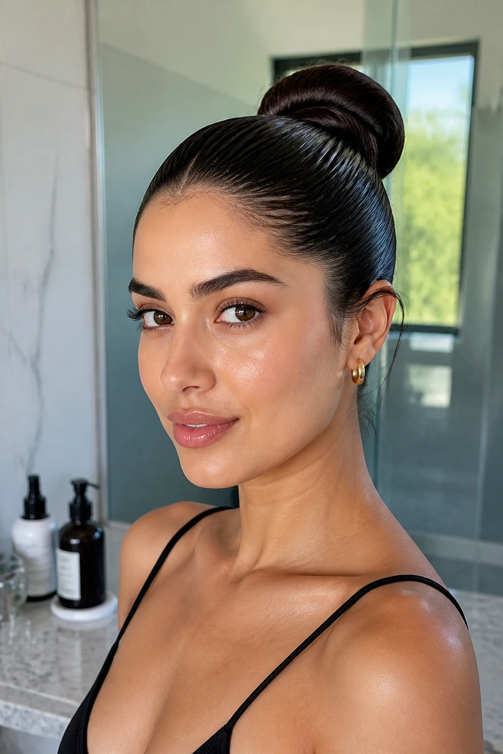 Front three-quarter portrait of a real woman with a glossy wet-look bun