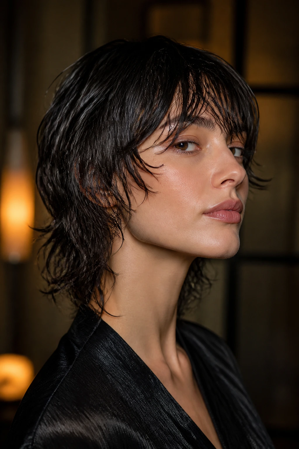 Portrait of a real woman with a glossy wet-look shag under warm indoor lighting