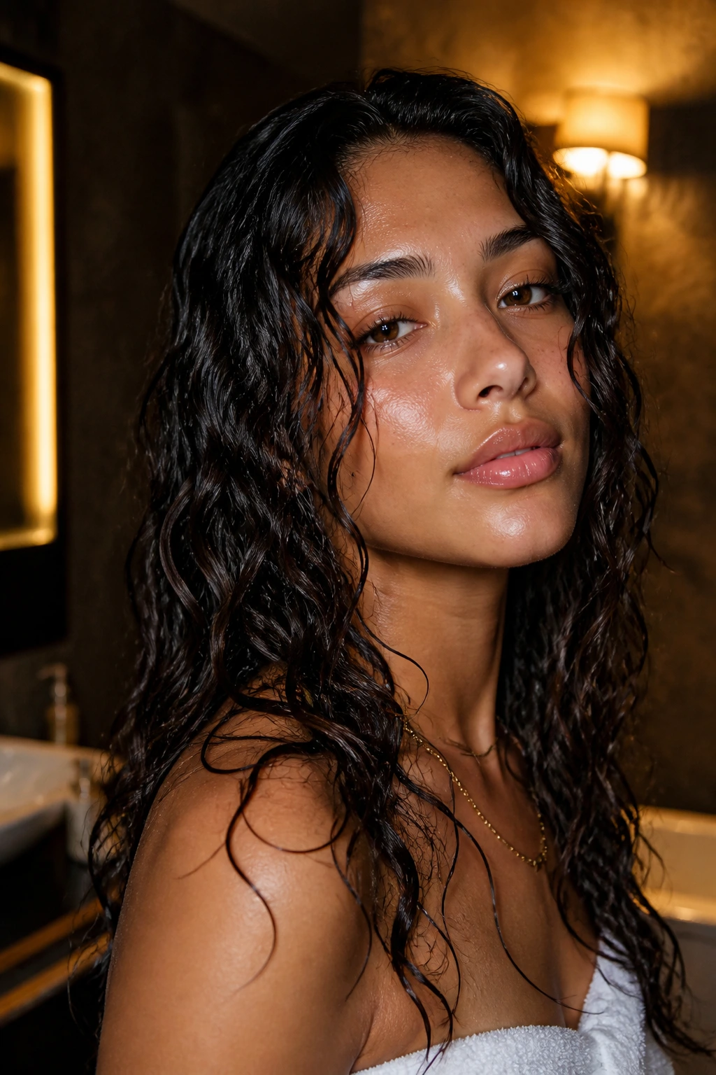 Close-up of a real woman with glossy wet-look waves on curly hair.