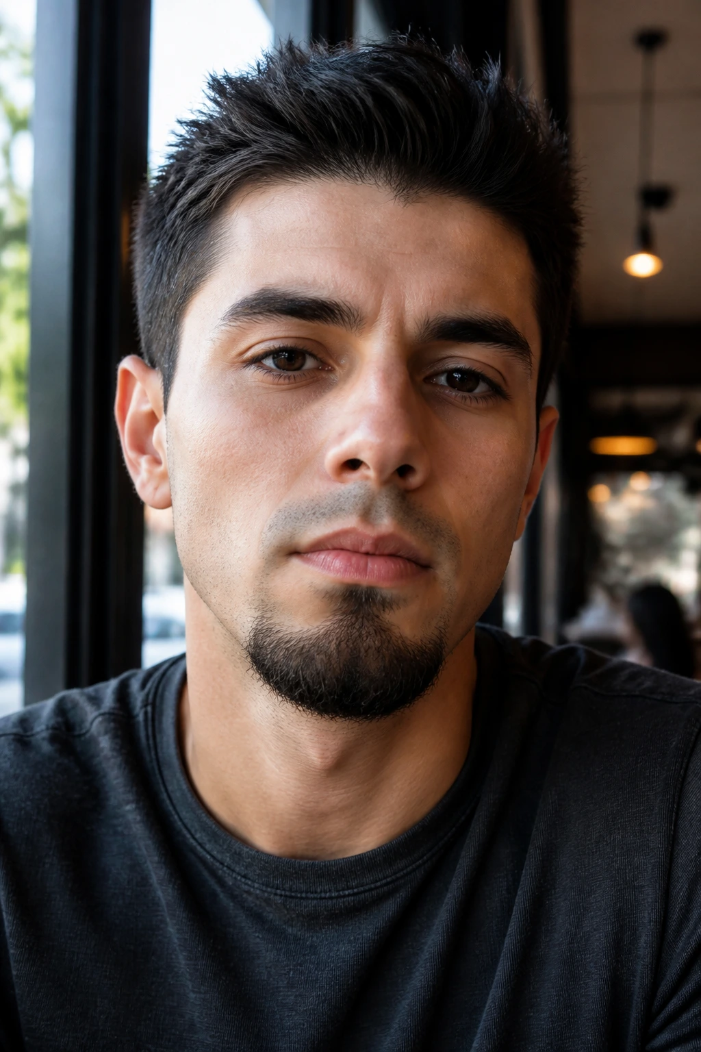 Close-up portrait of a real man with a crisp goatee in a sunlit cafe
