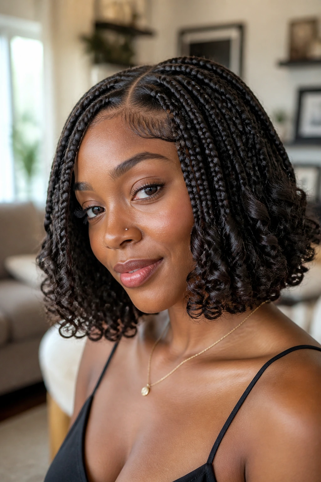 Close-up of a real person with goddess braid bob and curly ends, showing texture and movement.
