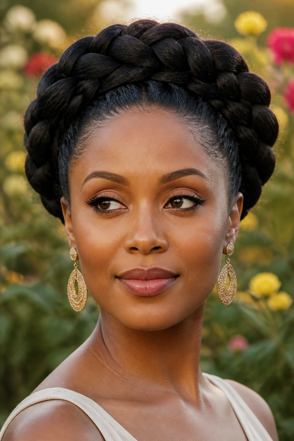 Close-up of a real woman wearing a thick goddess braid crown encircling her head