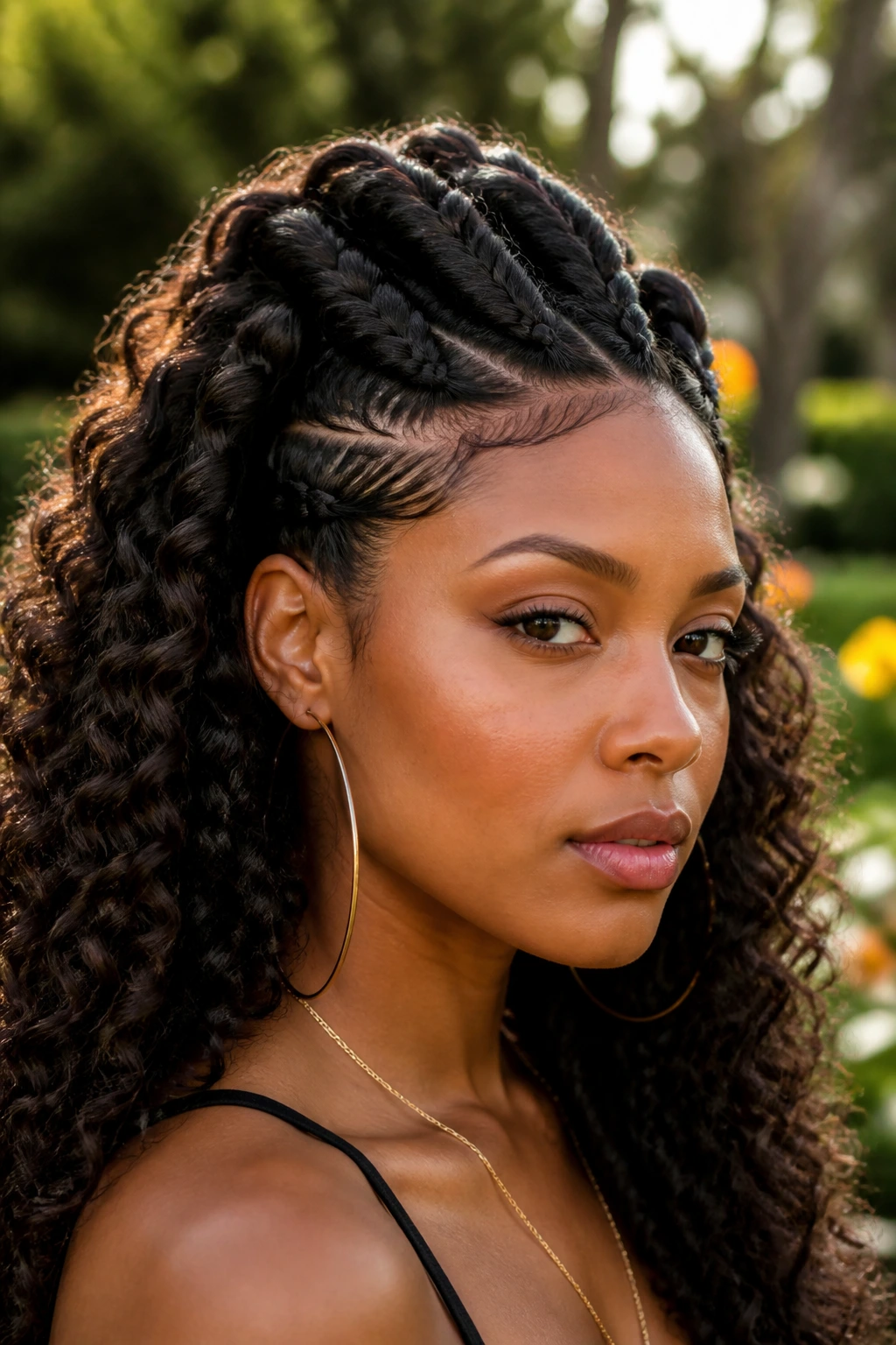 Real person with goddess braid hawk hairstyle in a garden setting