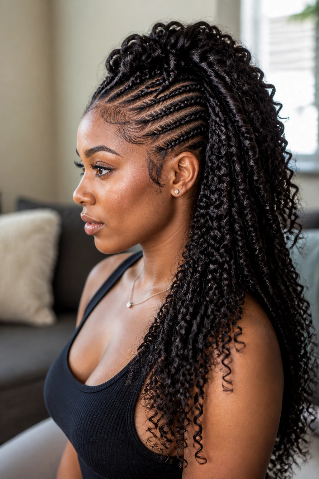 Real person with goddess braid mohawk and curly falls