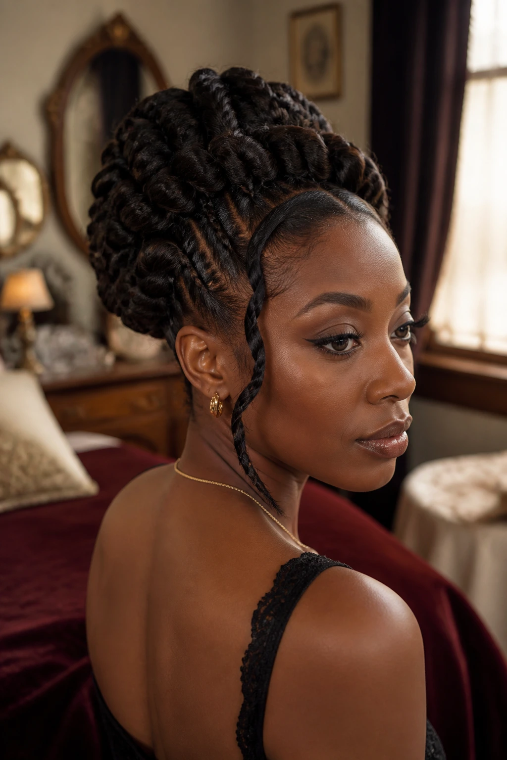 Portrait of person with a goddess braid updo in a vintage bedroom setting
