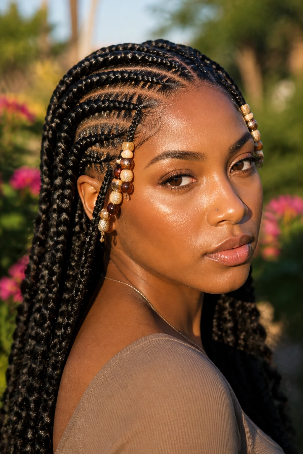Real woman with goddess braids and beaded corners at temple ends