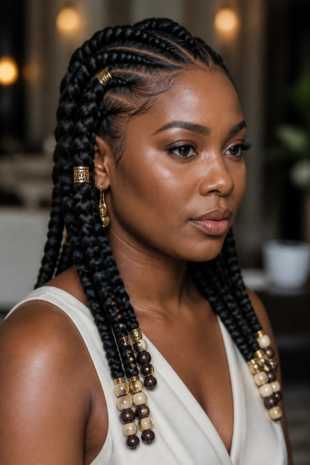 Close-up portrait of a real woman with beads and cuffs on goddess braids