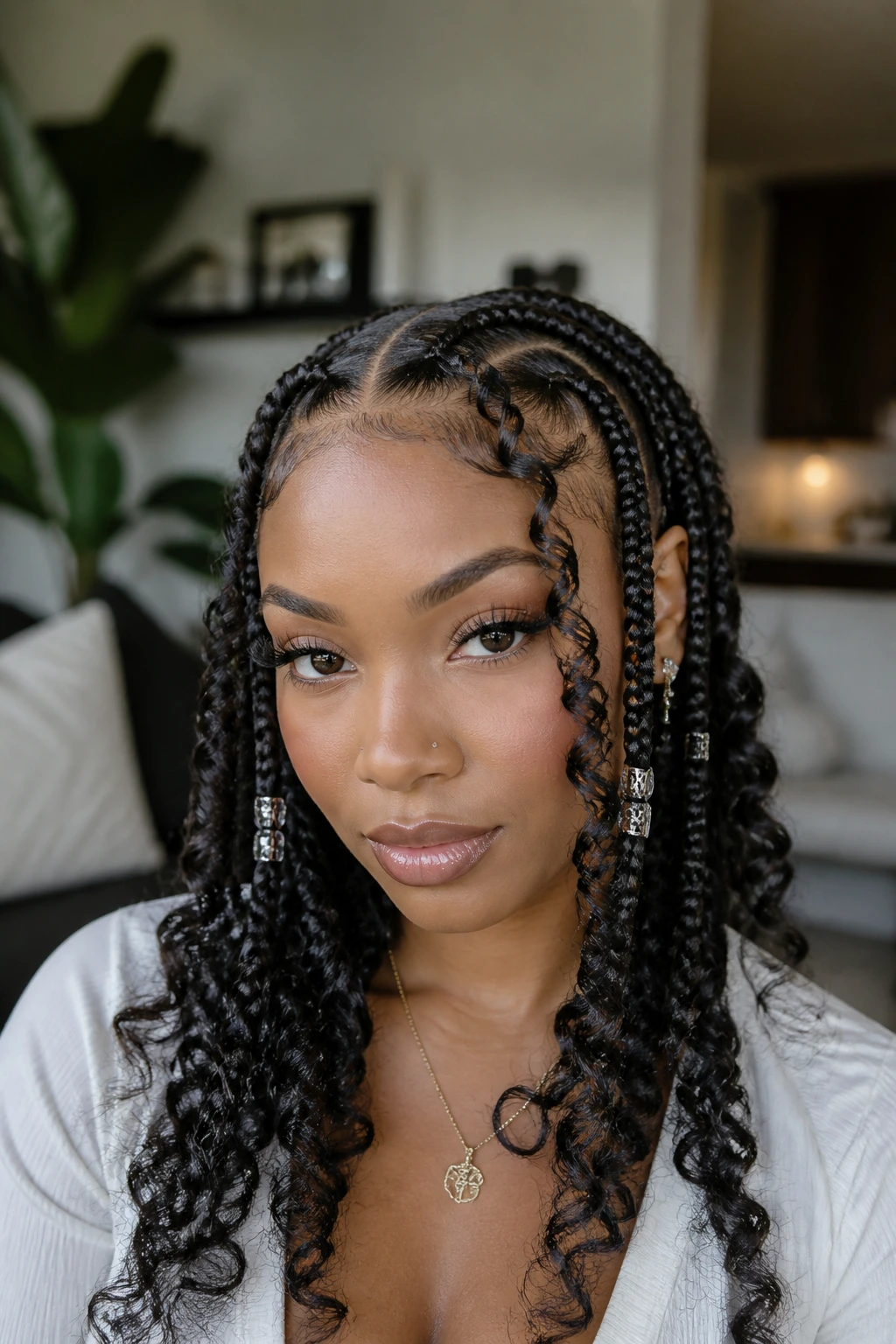 Close-up of goddess tribal braids with controlled curls and beads