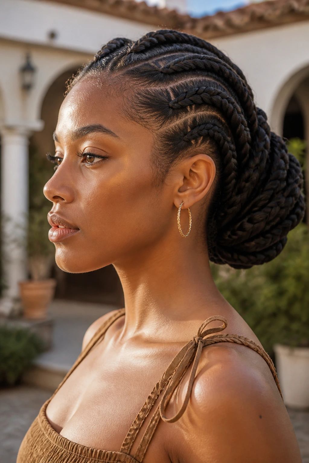 Close-up of a real woman's goddess braids with a bun at the back.