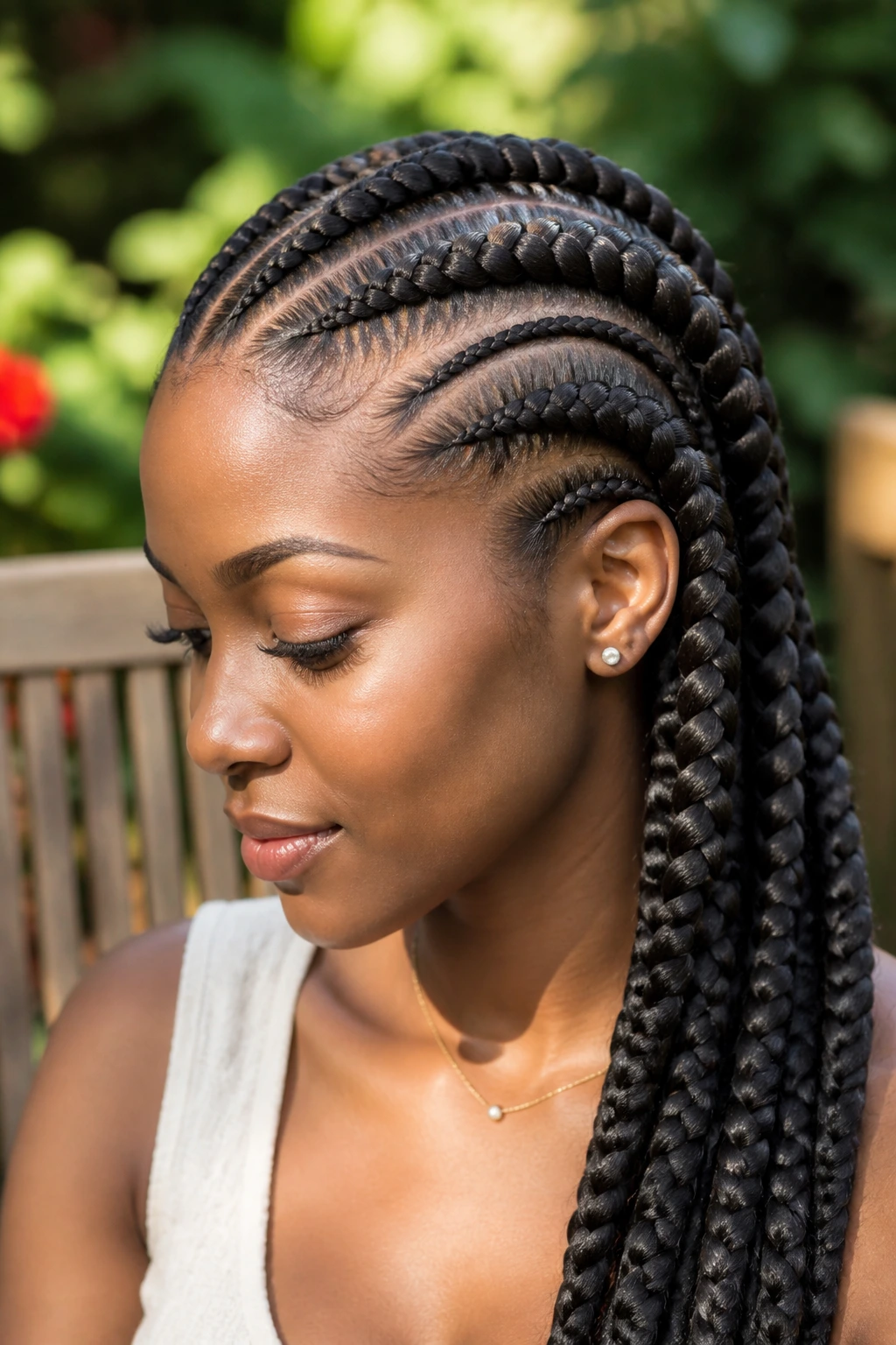 Close-up of goddess braids on a real woman in outdoor garden light