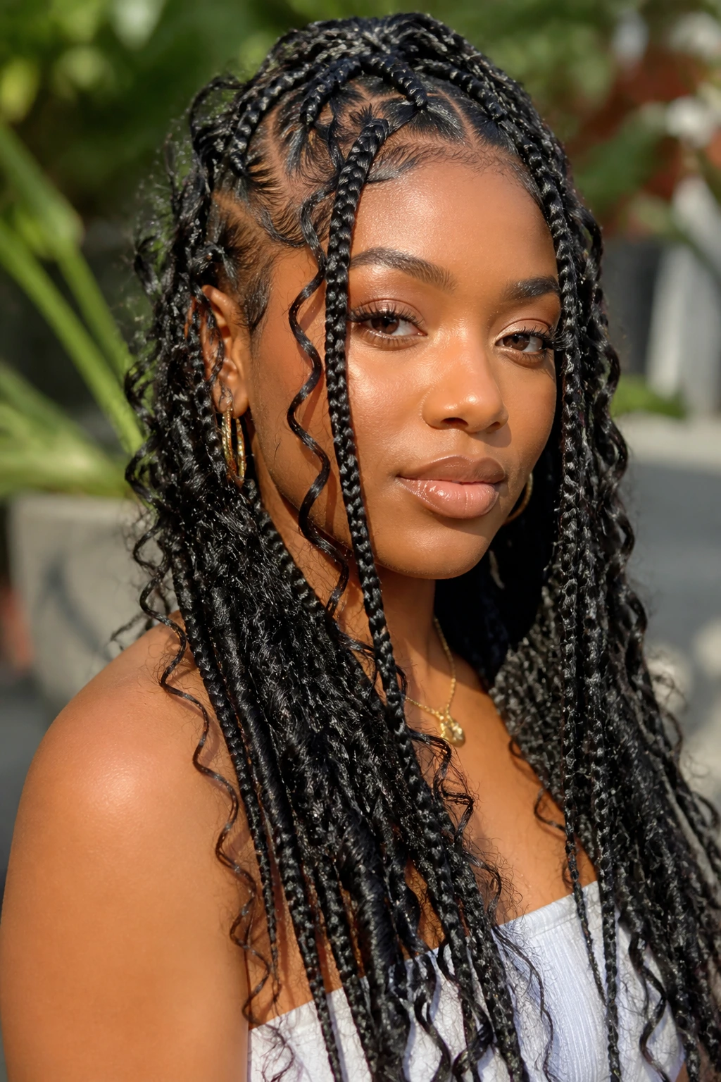 Close-up of a real woman with goddess box braids and curly ends outdoors