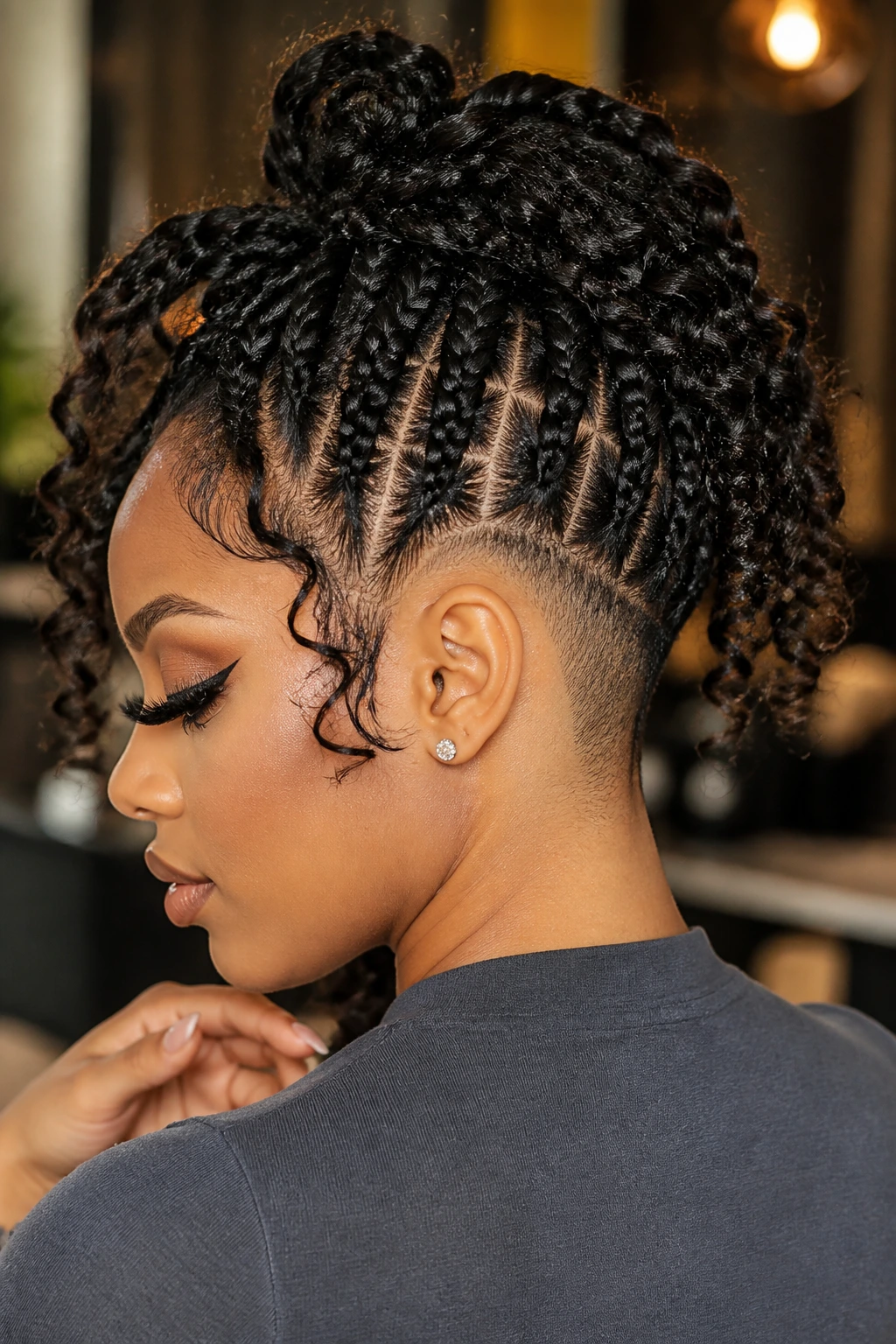 Close-up portrait of a real woman with Goddess Braids featuring curly ends and a tapered nape in warm salon light.
