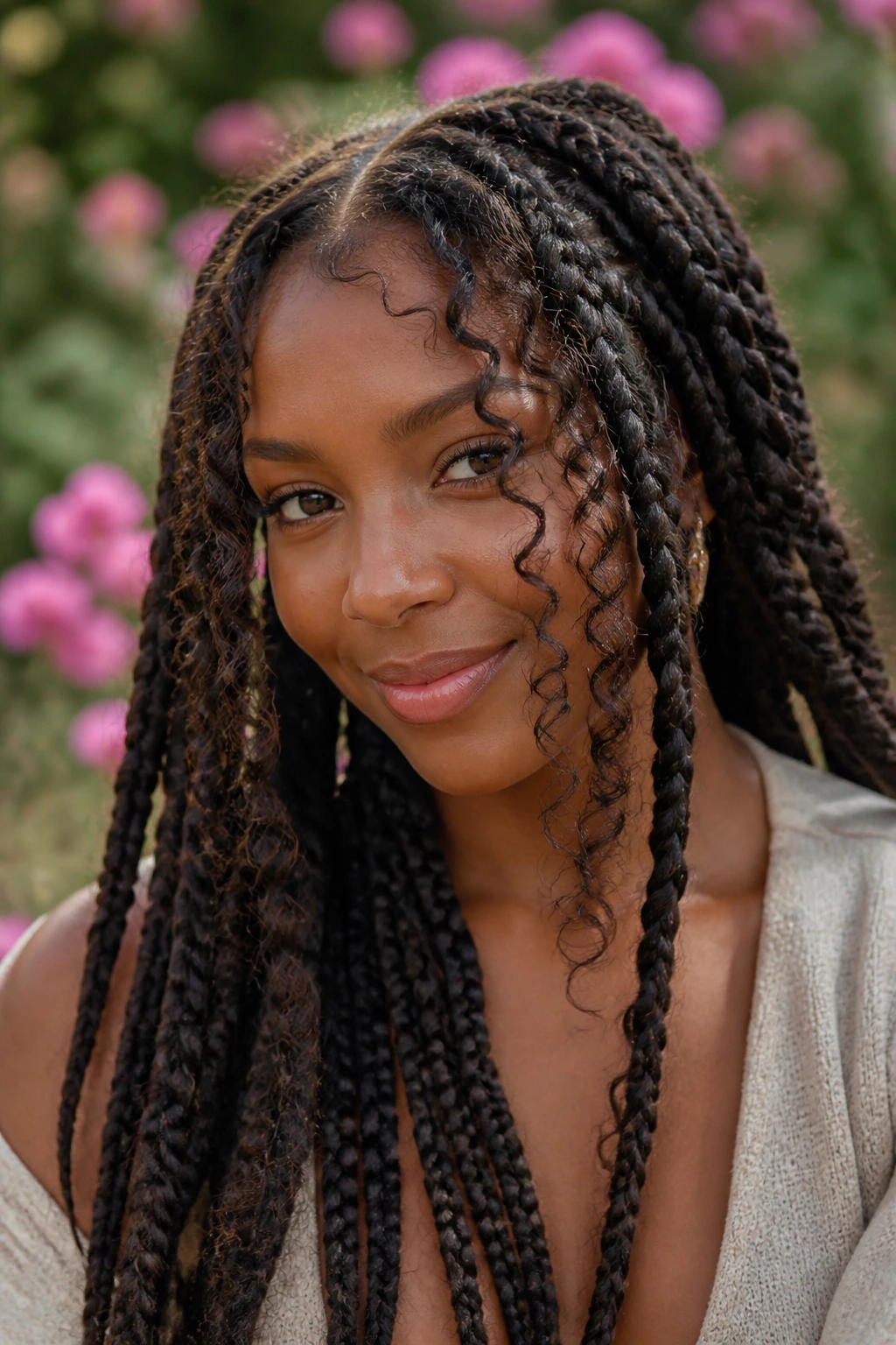 Close-up of goddess braids with curly leave-out around a real woman's face outdoors