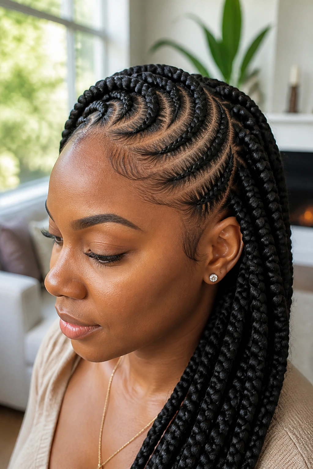 Close-up of goddess braids with curved partings on a real person