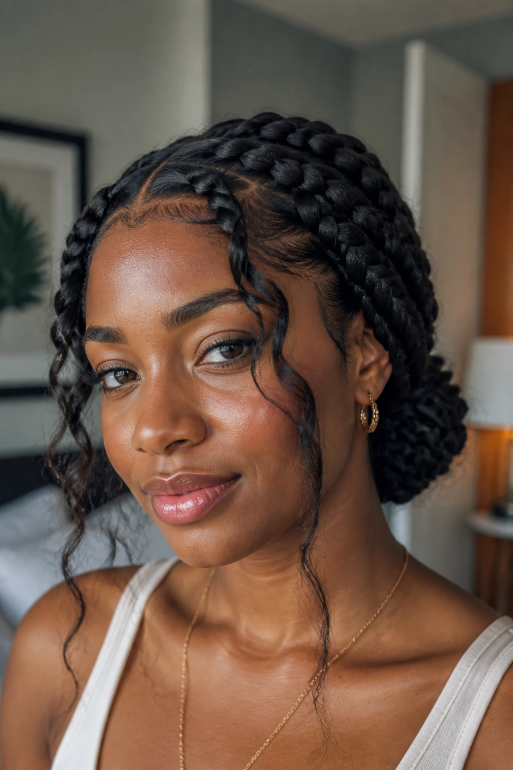 Close-up of a real woman with goddess braids and loose face pieces at the temples