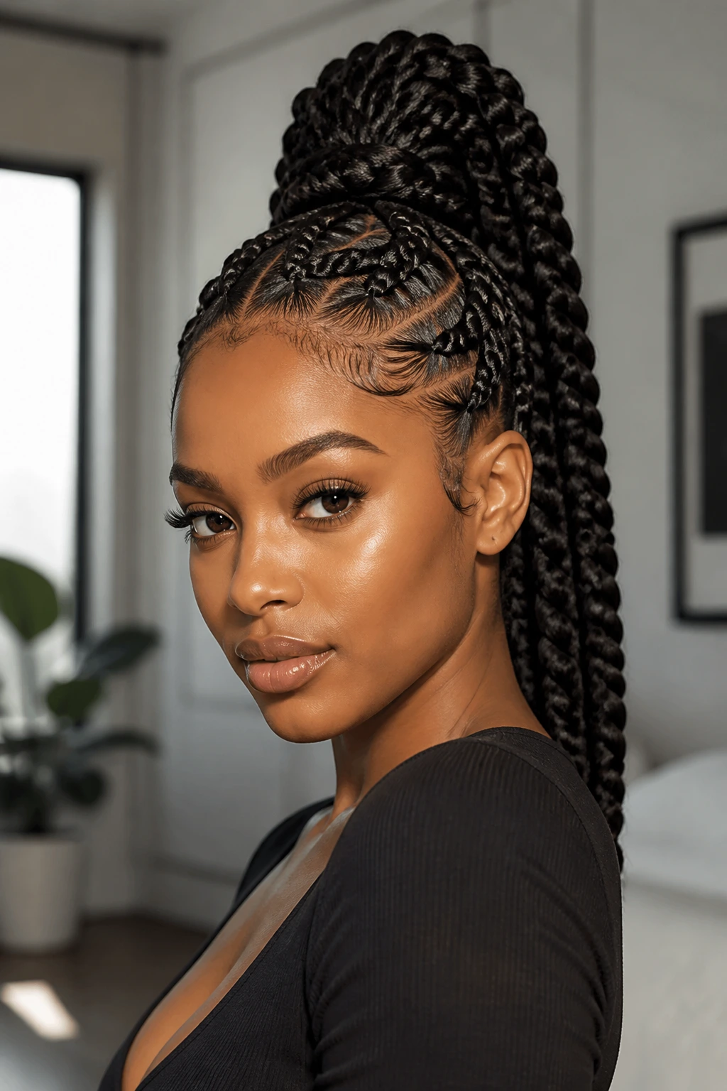Giant jumbo goddess braids in a high ponytail on real person