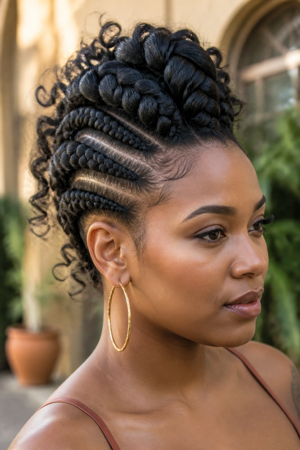 Close-up of chunky goddess braid mohawk on a real person