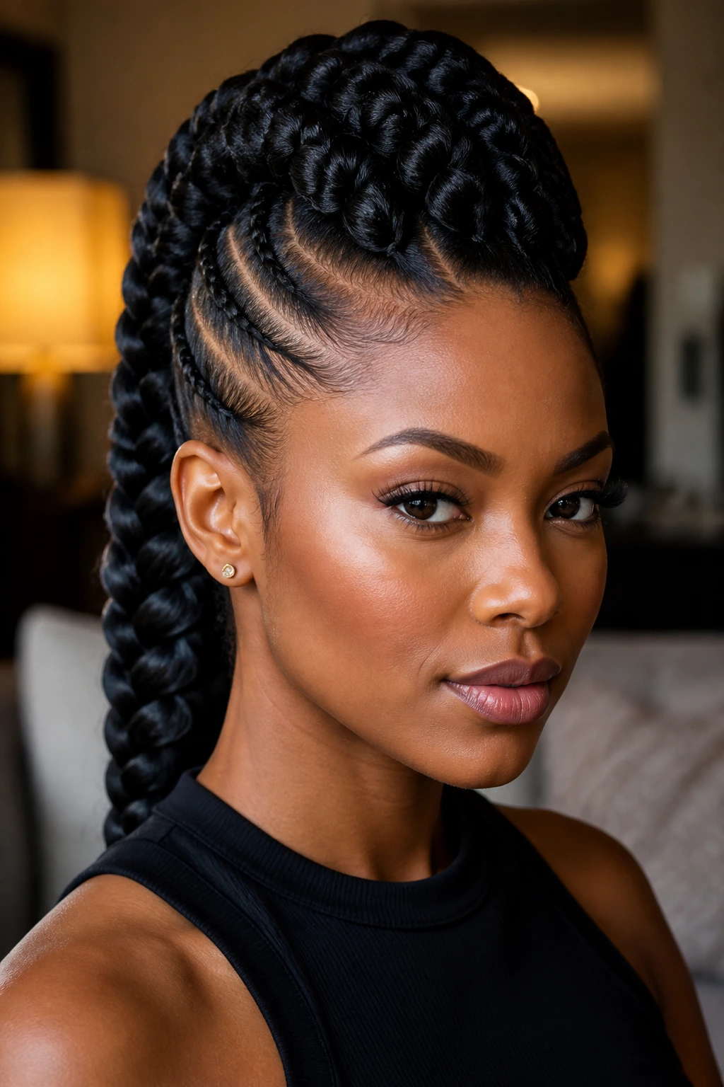 Close-up of a woman with goddess braids forming a hawk shape