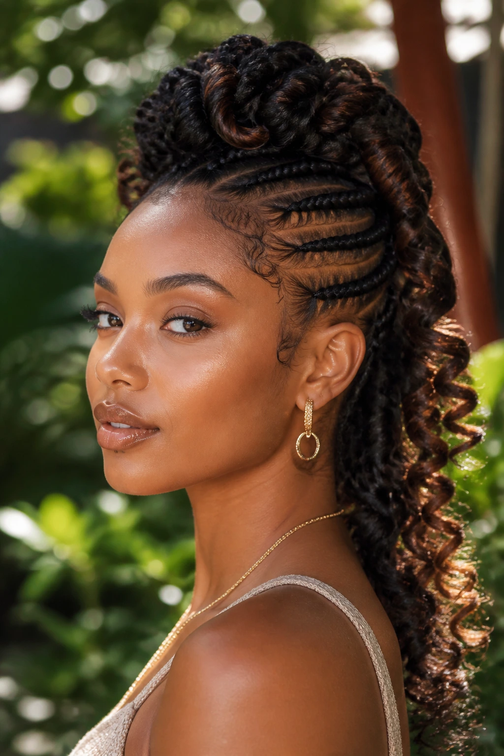 Portrait of a woman with goddess braid mohawk in a sunlit garden