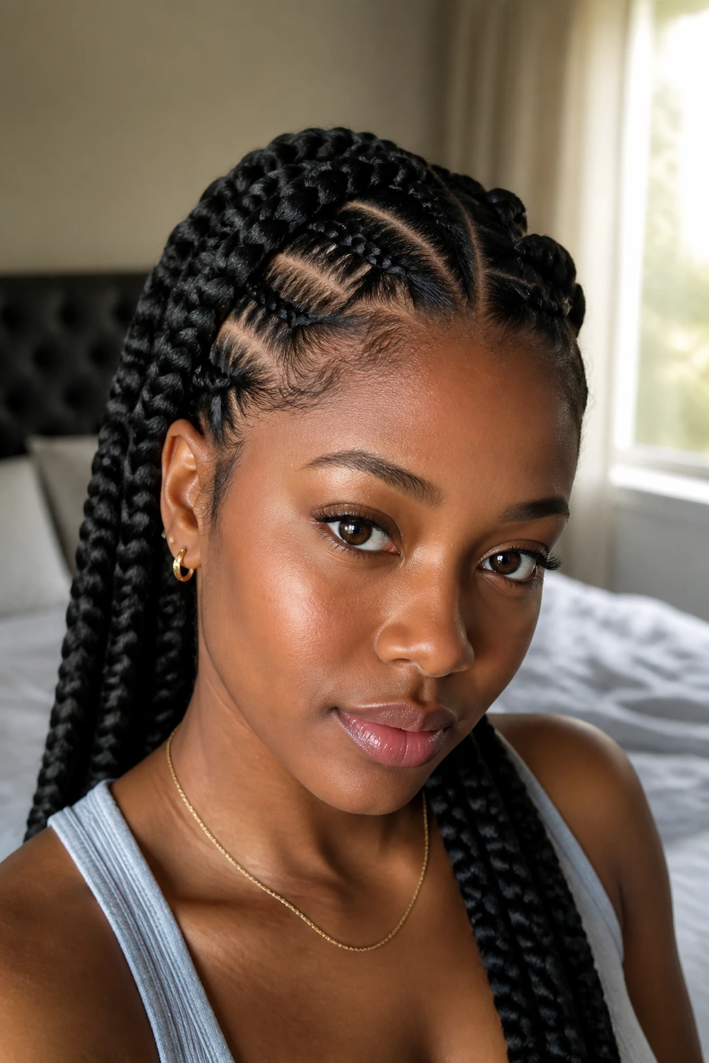 Close-up of a real woman with goddess braids and crisp parts