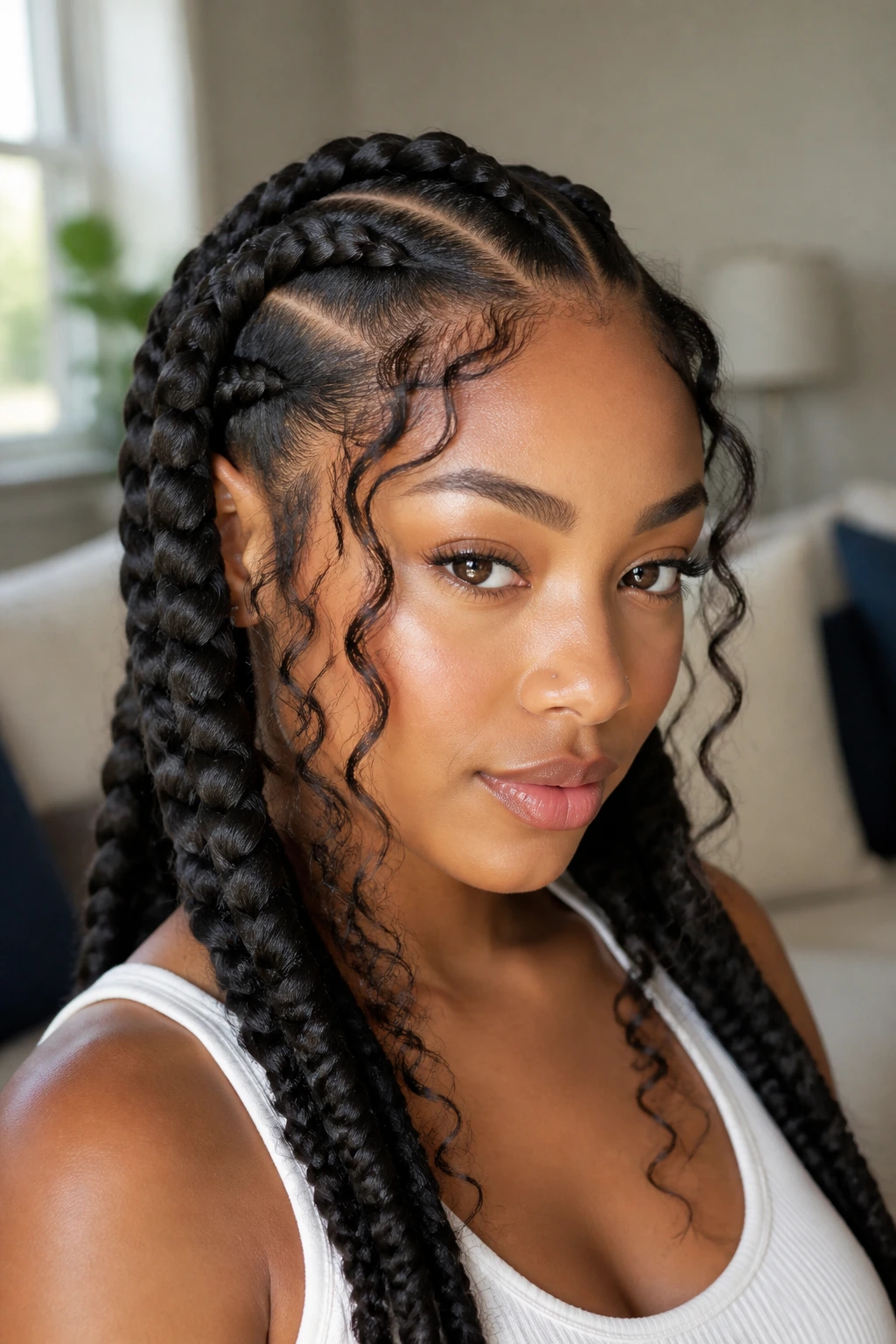 Close-up portrait of a real woman wearing goddess braids with curly tendrils framing the face.