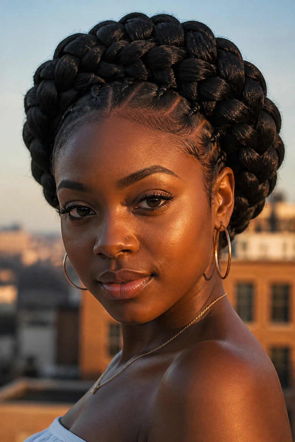 Close-up of thick goddess braids on a real woman at sunset