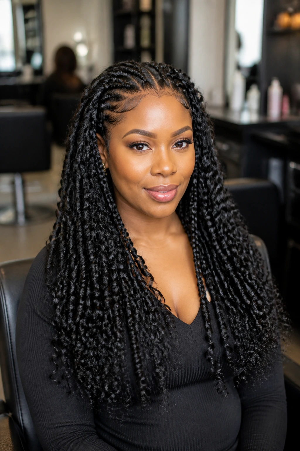 Goddess braids portrait in a salon chair ready for booking