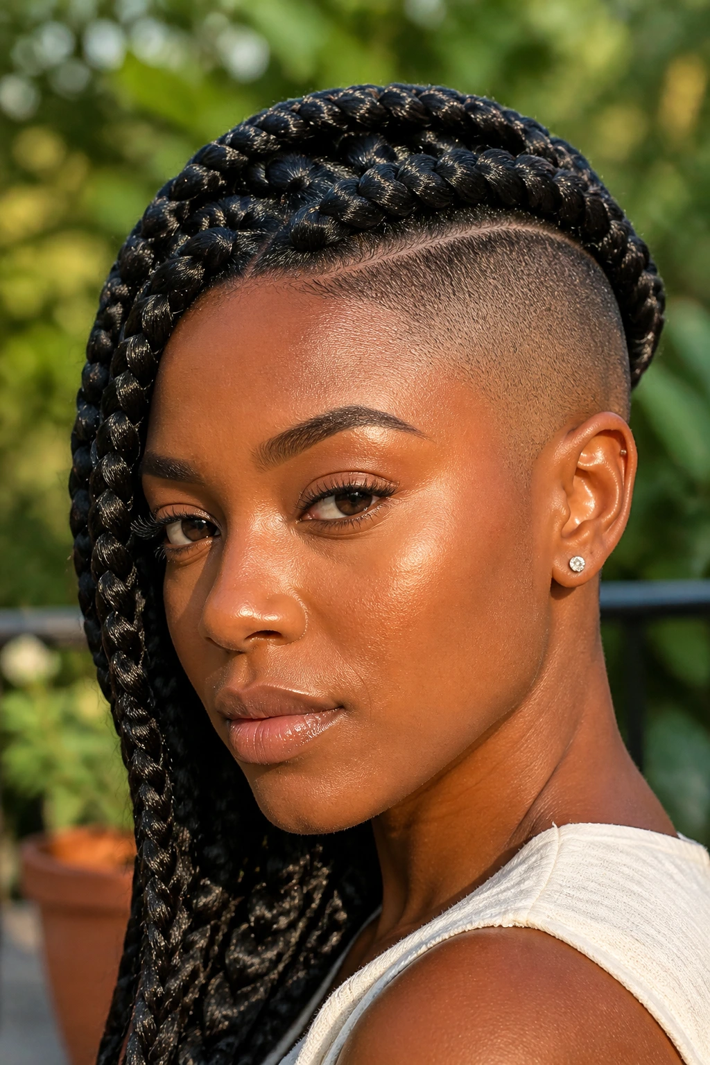 Close-up of goddess braids with a clean side shave