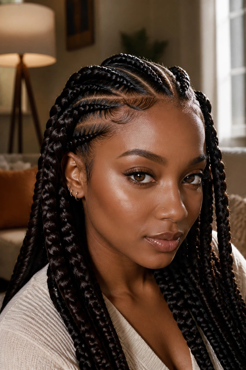Goddess braids with glossy finish catching light on real person