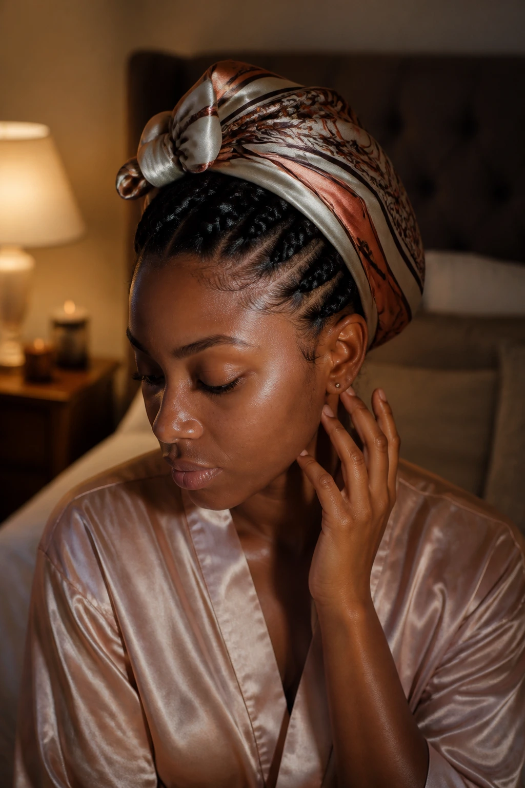 Goddess braids wrapped in silk scarf for sleep prep on real person
