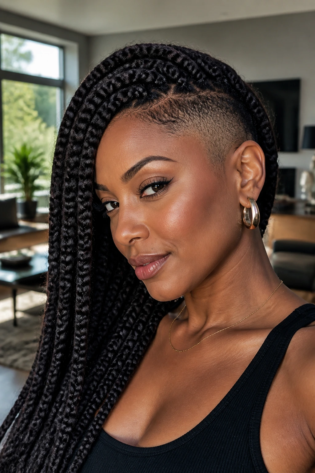 Portrait of a woman with goddess braids and temple fade