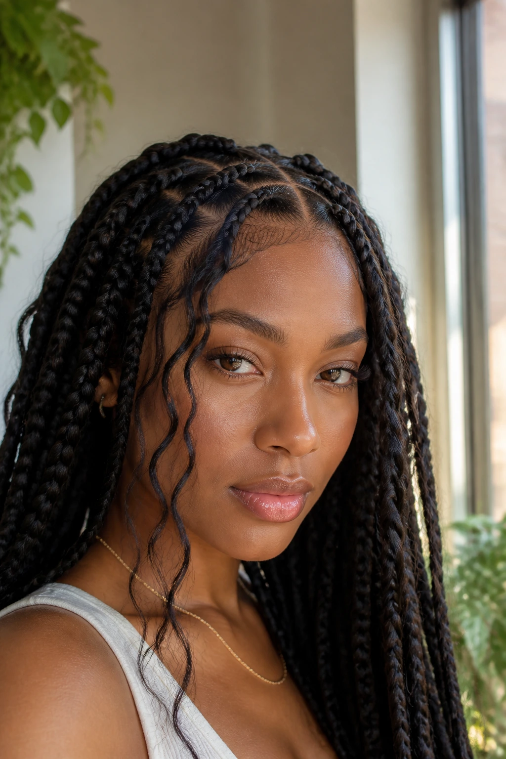 Close-up of goddess braids with face framing tendrils on a real person indoors by a window