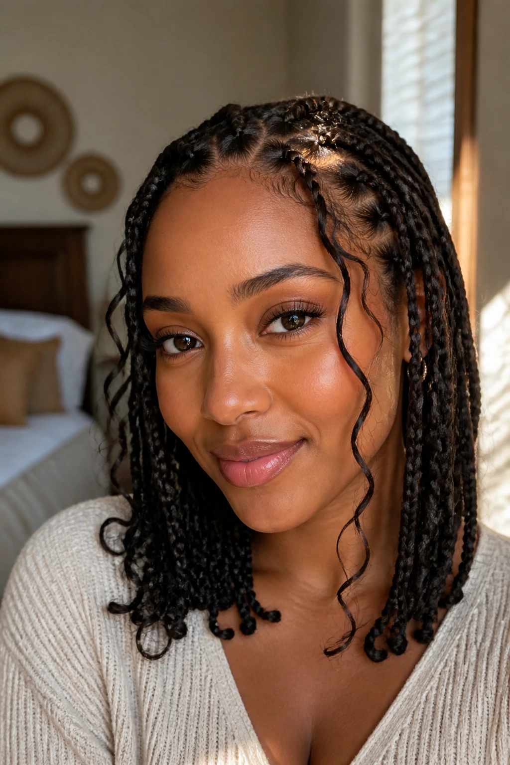 Close-up of a real woman with medium goddess braids and tendrils framing the face.