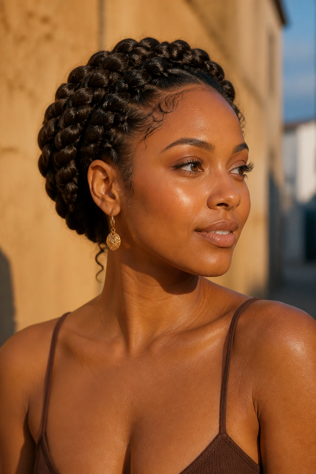 Real woman with thick goddess braids around her head during golden hour outdoors.