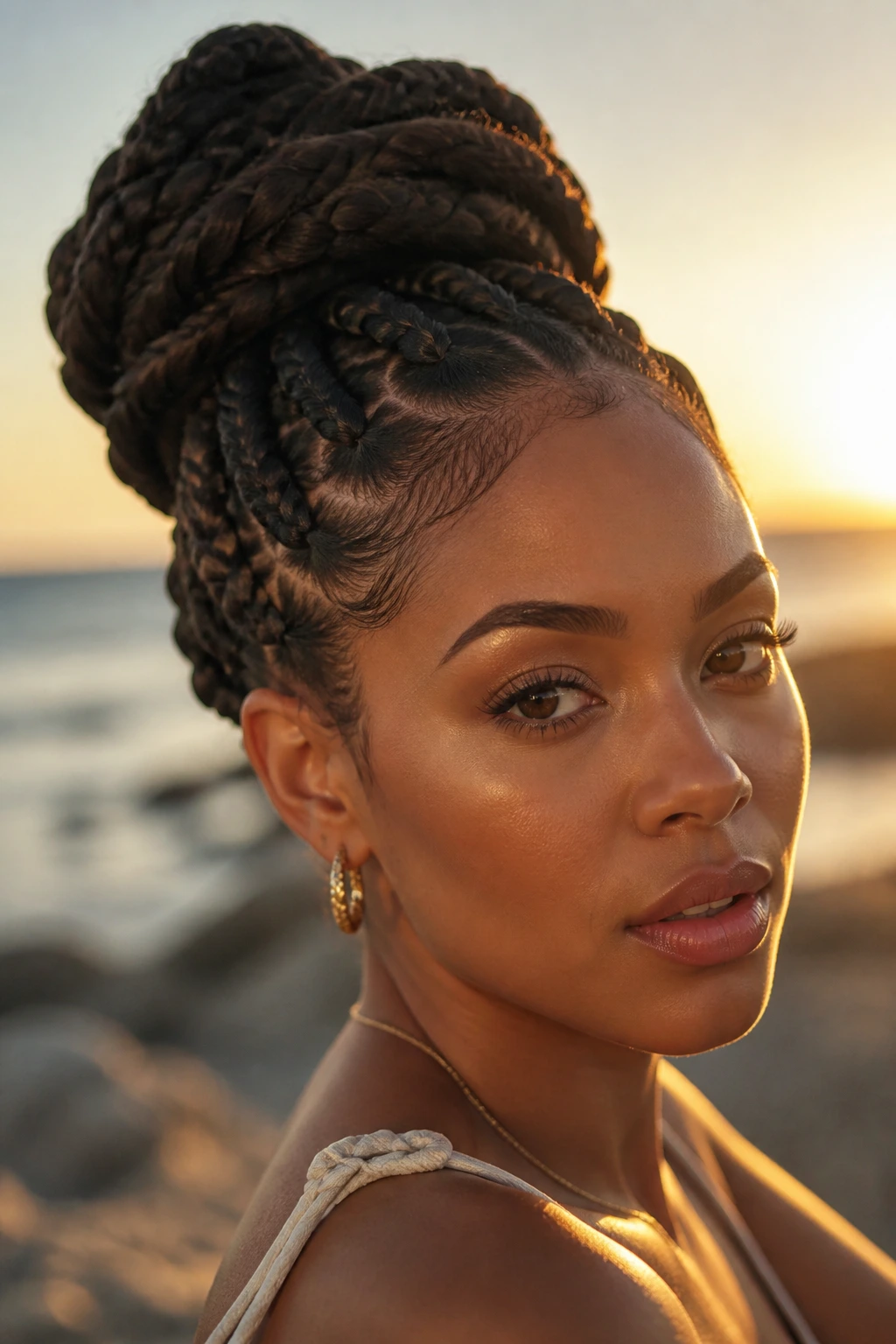 Close-up portrait of a real woman with goddess braids pinned up on a sunlit beach