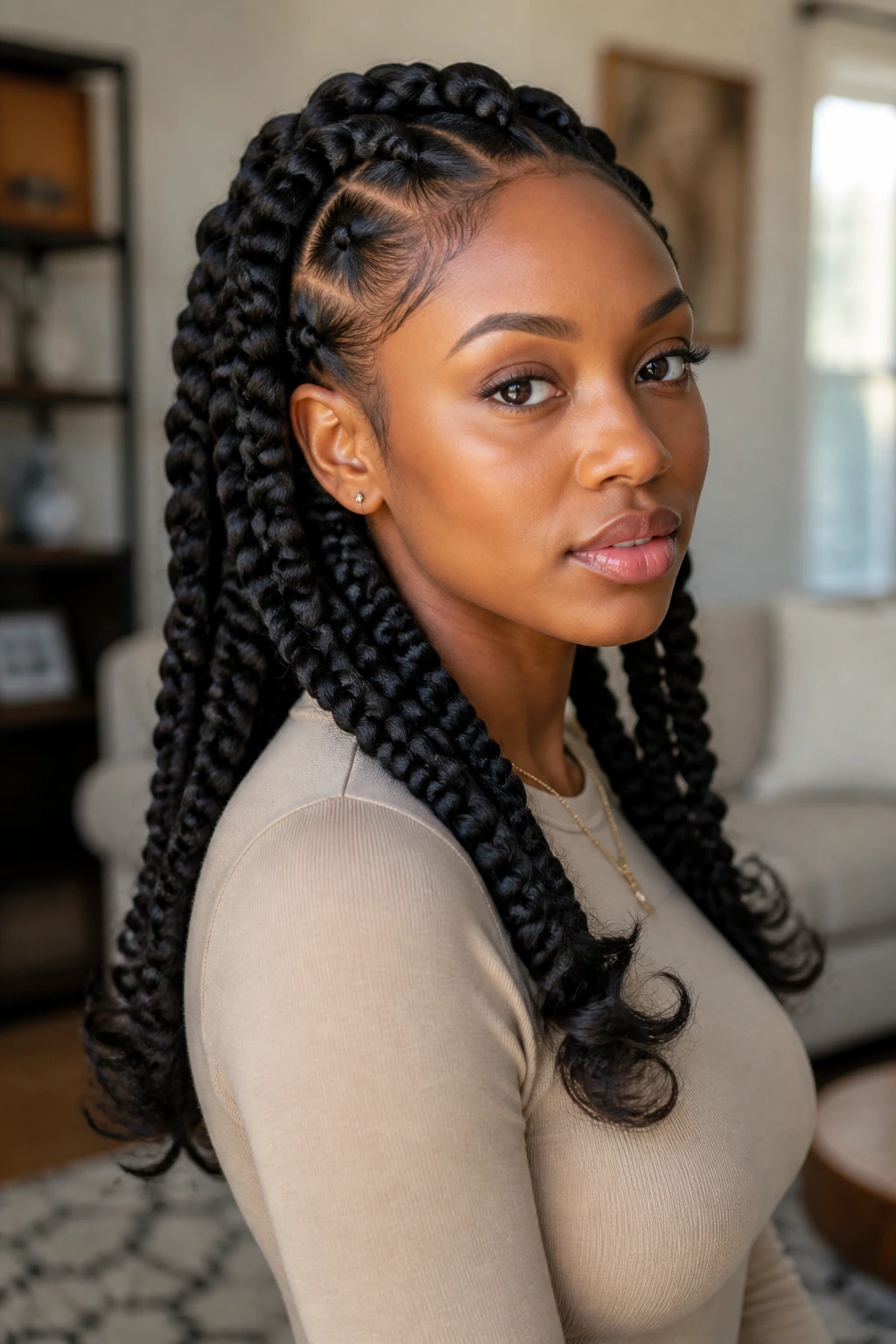 Close-up of goddess braids with wide sections and soft ends on a real person