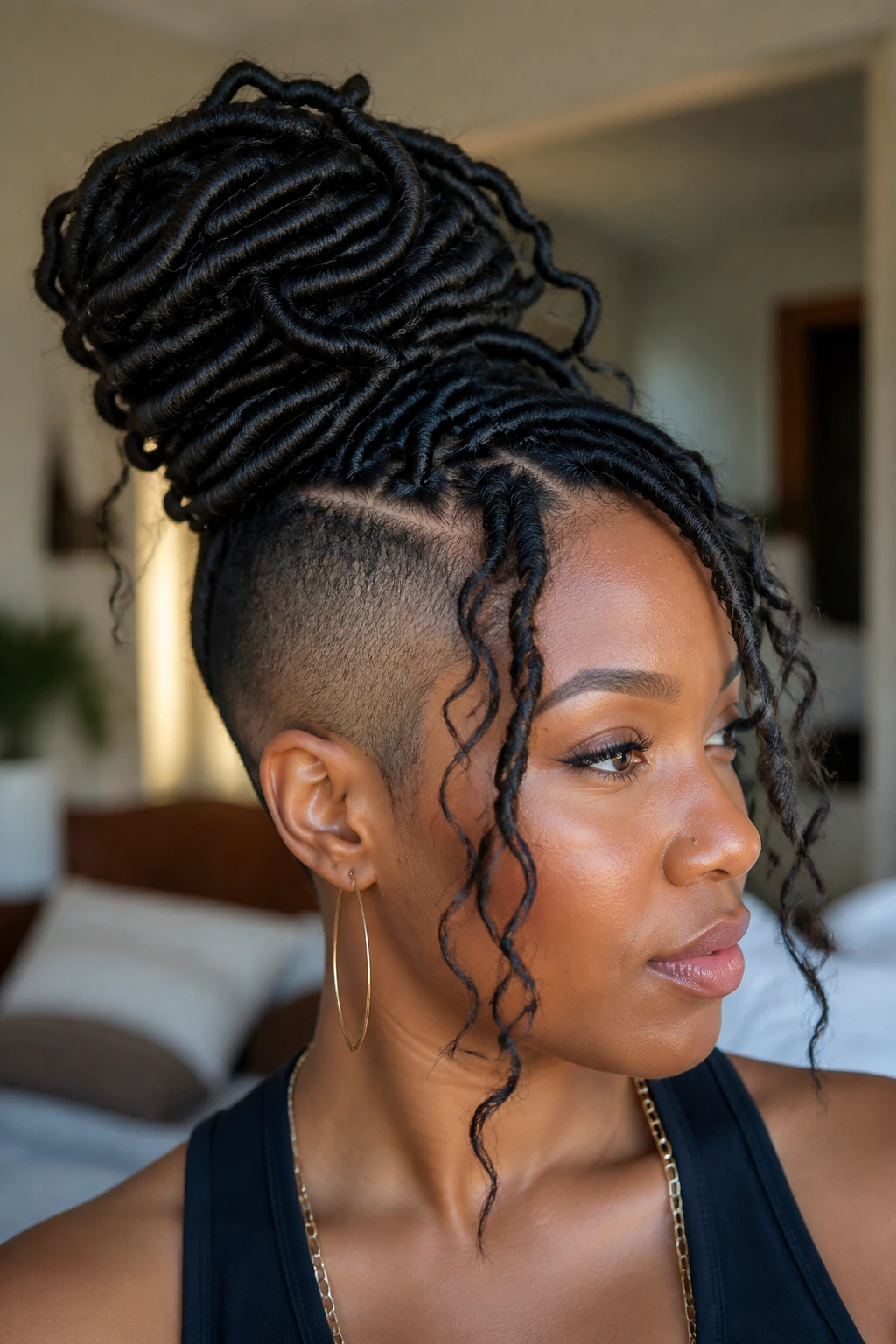 Close-up of a real Black person with goddess loc bun and side undercut