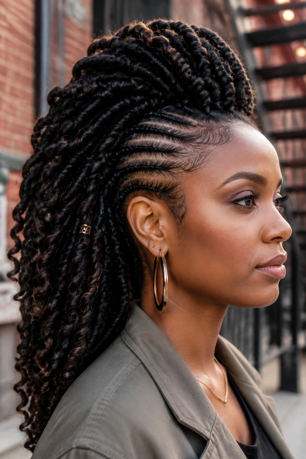 Close-up of real woman with goddess loc crochet mohawk in soft daylight outdoors