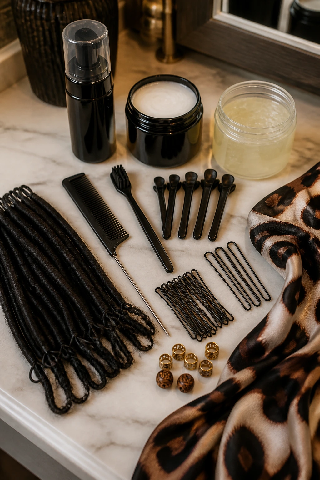 Top-down arrangement of essential goddess loc styling equipment